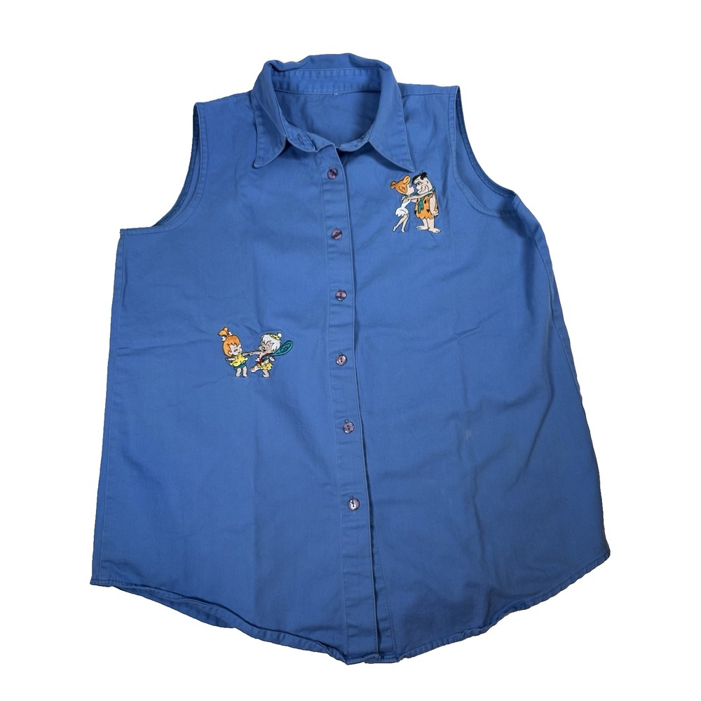Vintage 90's Flintstones Fred Wilma Pebbles Bam Bam Denim Button‎ Shirt Medium